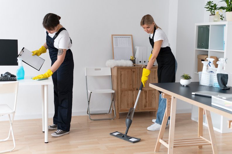 A team of professional cleaners meticulously cleaning a house.