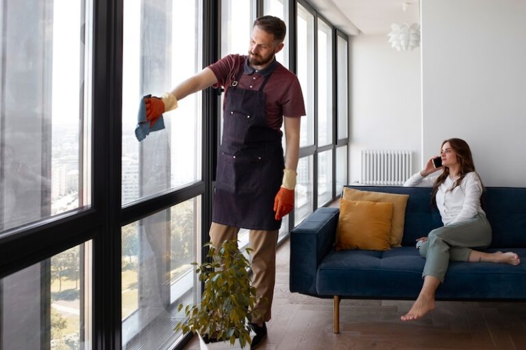 A happy homeowner relaxing in a clean and tidy living room.
