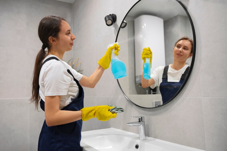"Professional bathroom cleaner with specialised tools ensuring a pristine and hygienic space - Elite Winds Bathroom Cleaning Service in Panchkula."